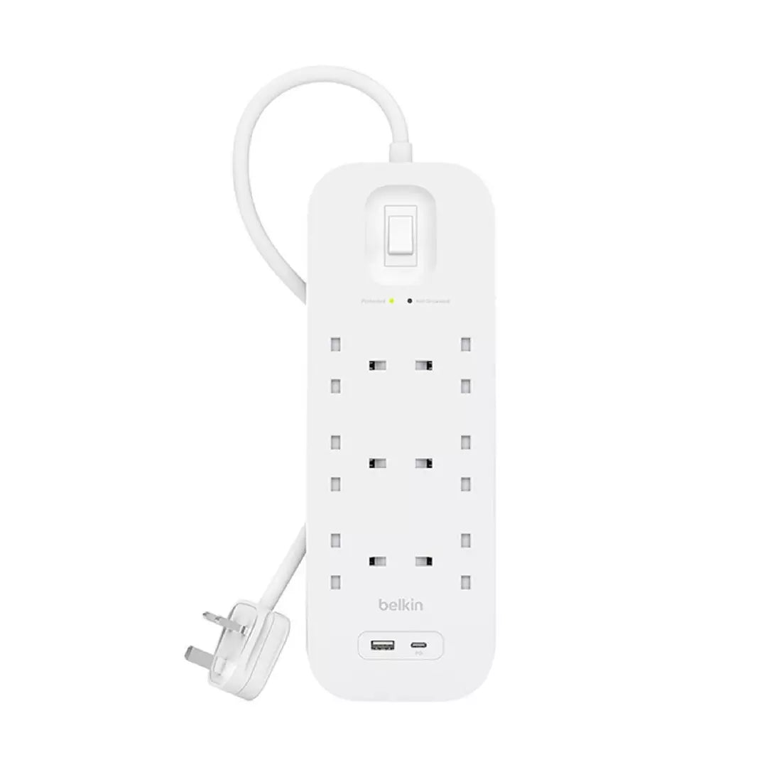 وصلة كهربائية مع 6 منافذ وشحن يو اس بي من بيلكين 2 متر - Belkin Surge Protector Power Extension with 6 Outlets & USB Charging 2m