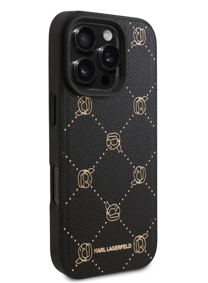 Karl Lagerfeld PU Hard Case with Karl Head for iPhone 16 Pro Max – Black | كفر كارل لاغرفيلد جلدي فاخر بشعار رأس كارل لايفون 16 برو ماكس - اسود