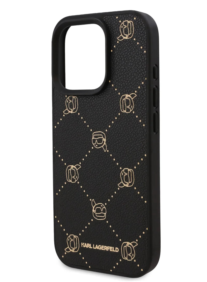 Karl Lagerfeld PU Hard Case with Karl Head for iPhone 16 Pro Max – Black | كفر كارل لاغرفيلد جلدي فاخر بشعار رأس كارل لايفون 16 برو ماكس - اسود