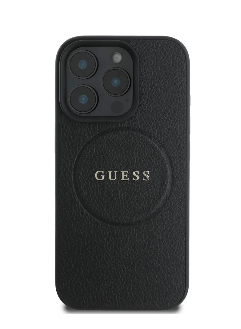 Guess MagSafe PU Grained Hard Case with Gold Ring for iPhone 16 Pro | كفر GUESS صلب بتصميم جلد محبب وحلقة ذهبية ومتوافق مع ماج سيف لهاتف ايفون 16 برو