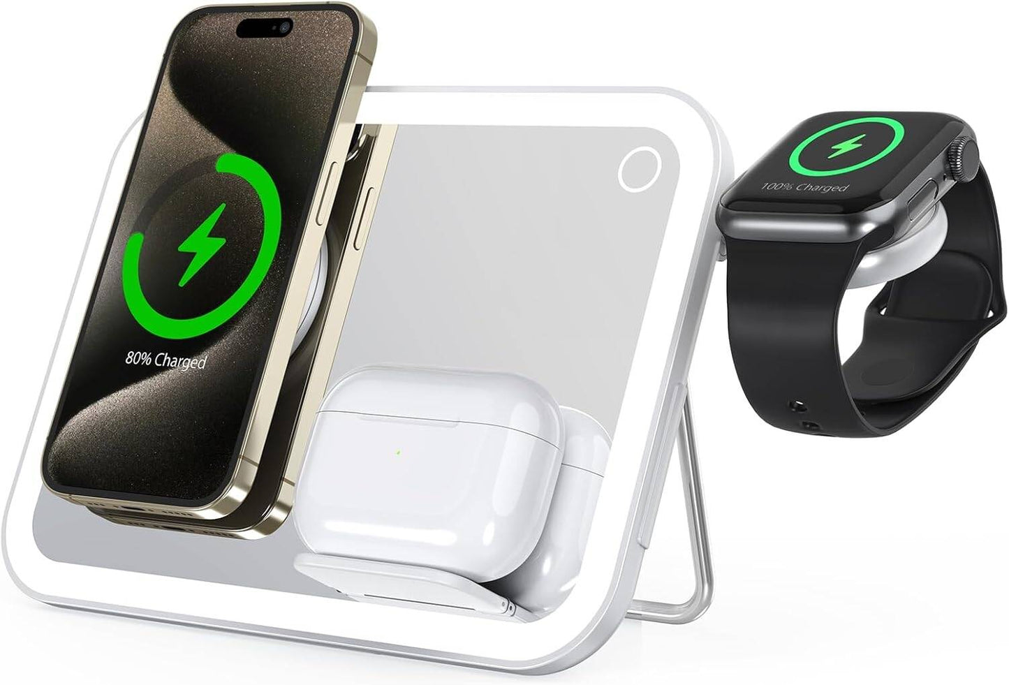 قاعدة شحن 3 في 1 من بورودو, ماج سيف بقدرة 15 واط مع مرآة واضائة | Porodo 15W 3-in-1 MagSafe Charging Station with Mirror Light.