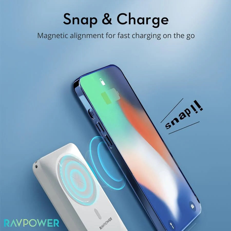 باور بانك باك سيف بسعة 10الف ملي امبير بقدرة 20 واط- RAVPOWER 10000mAh Magsafe Magnetic Wireless Power Bank