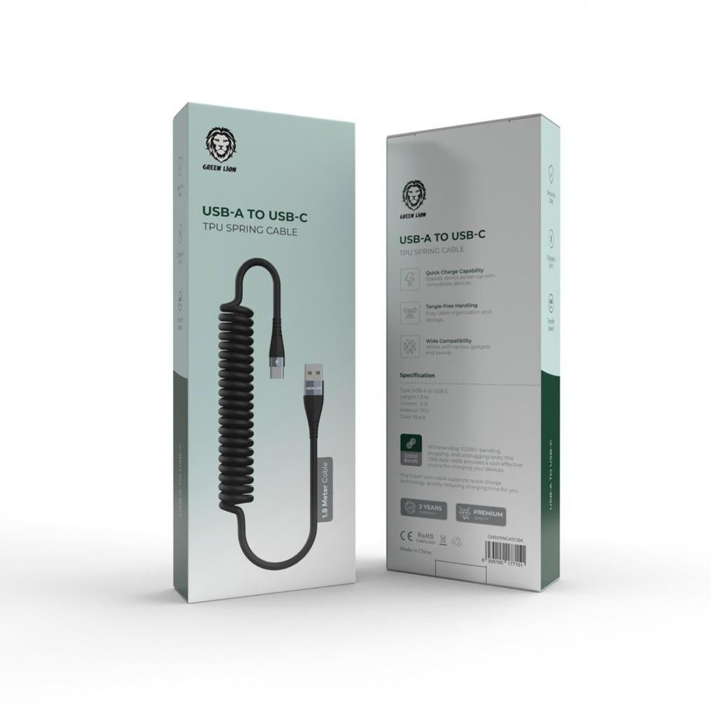 كيبل سبرنغ جرين لايون يو اس بي اي الى يو اس بي سي بطول 1.8 متر - اسود | Green Lion TPU Spring Cable USB-A to Type-C Cable 1.8 Meter - Black