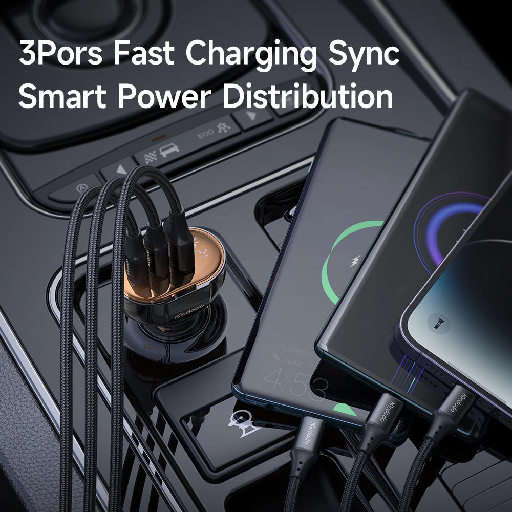 Mcdodo 100W Dual USB-C +USB-A Digital Display PD Car Charger - شاحن سيارة سريع الشحن بمنفذين يو اس بي سي ومنفذ يو اس بي أ من مكدودو