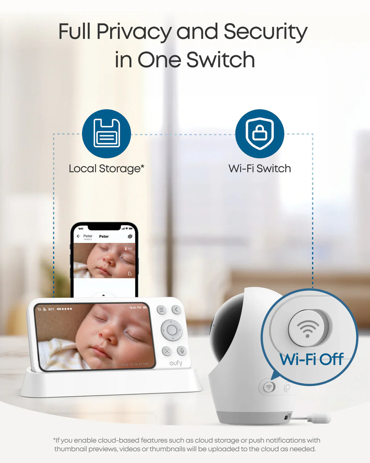 مراقب اطفال انكر يوفي E21 بدقة 4K - ابيض | Anker Eufy Wi-Fi Baby Monitor E21 4K - White