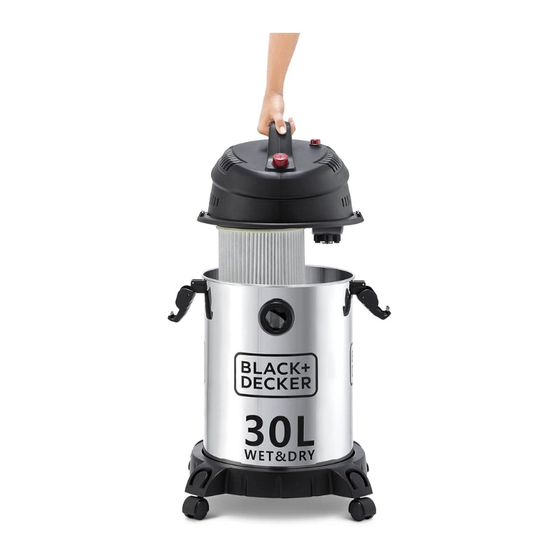 Black+Decker 30L Stainless Steel Cylinder Vacuum Cleaner with Wet and Dry Tank 1610W -مكنسة أسطوانة بلاك آند ديكر 30 لتر ستانلس ستيل للأرضيات الرطبة والجافة