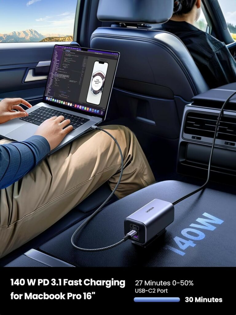 UGREEN 150W USB-C Car Charger with Extended USB-A+2×USB-C Charging Hub - شاحن سيارة يوجرين 150 واط مع هاب شحن ممتد 3 منافذ