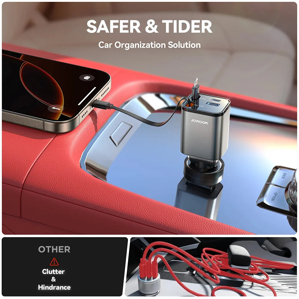 شاحن سيارة جويرووم 4 في 1 بقدرة شحن 30 واط مع كيبل تايب سي ولايتننغ مدمجين قابلة للسحب | JOYROOM JR-CCL05 30W 4-in-1 Retractable Type-C Cable Car Charger