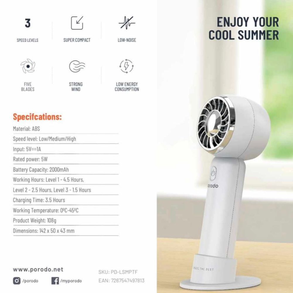 بورودو لايف ستايل مروحة محمولة تيربو بقدرة 5 واط وبطارية بسعة 2000 مللي امبير - ابيض | Porodo LifeStyle Mini Portable Handheld Turbo Cooling Fan 5W 2000mAh - White