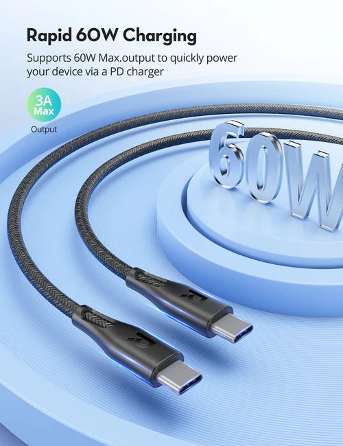 RAVPower 2M (6.6ft) 60W USB-C to USB-C Fast Charging Cable – كابل راف باور تايب سي إلى تايب سي بطول 2 متر شحن سريع بقدرة 60 واط