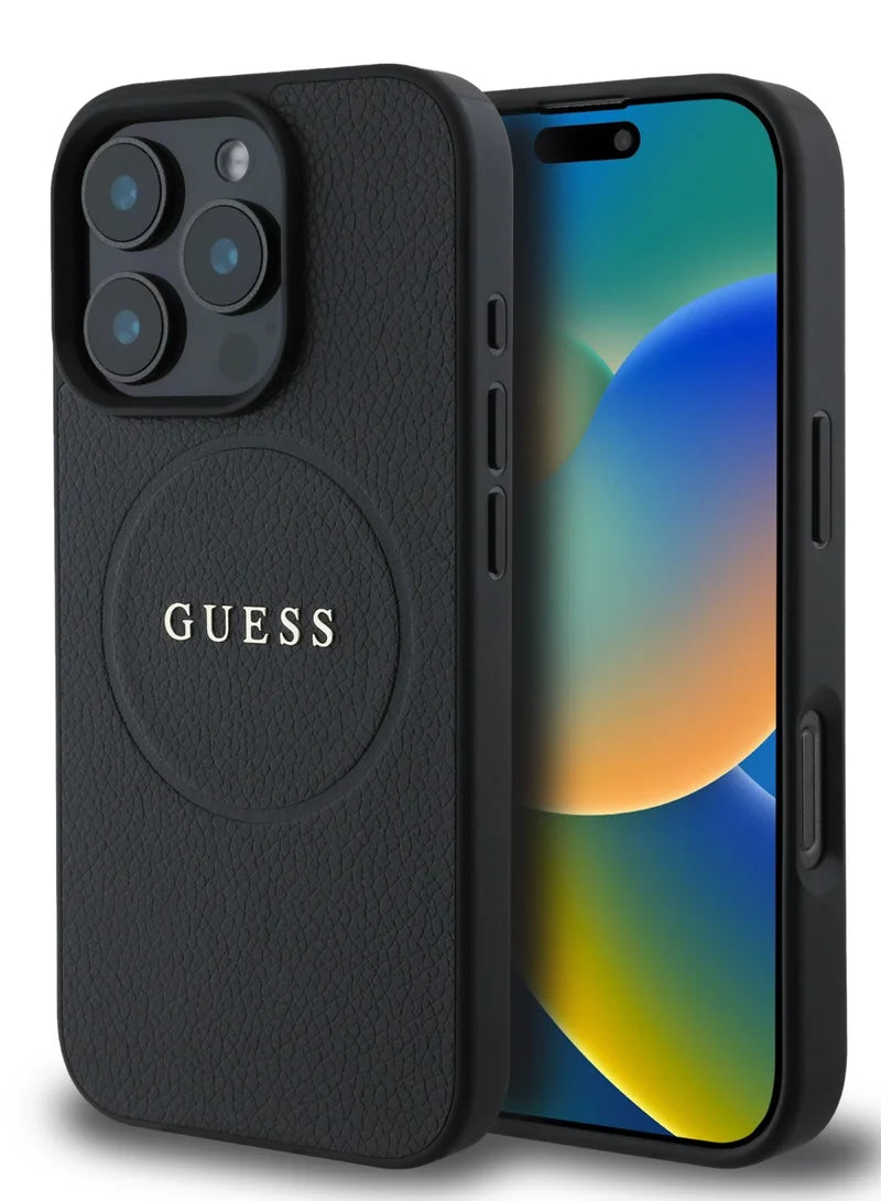 Guess MagSafe PU Grained Hard Case with Gold Ring for iPhone 16 Pro | كفر GUESS صلب بتصميم جلد محبب وحلقة ذهبية ومتوافق مع ماج سيف لهاتف ايفون 16 برو