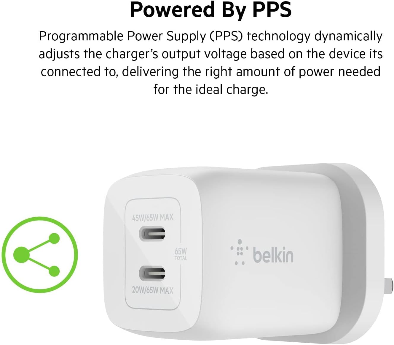 Belkin BoostCharge PRO Dual 65W USB-C PD GaN Fast Charger with PPS 2M USB-C to USB-C Cable - شاحن حائط مزدوج يو اس بي سي بقدرة 65 واط من بيلكن يتضمن كيبل يو اس بي سي توصيل طاقة سريع 3.0 بتقنية نتريد الغاليوم ومقبس يو اس بي وشاحن يو اس بي