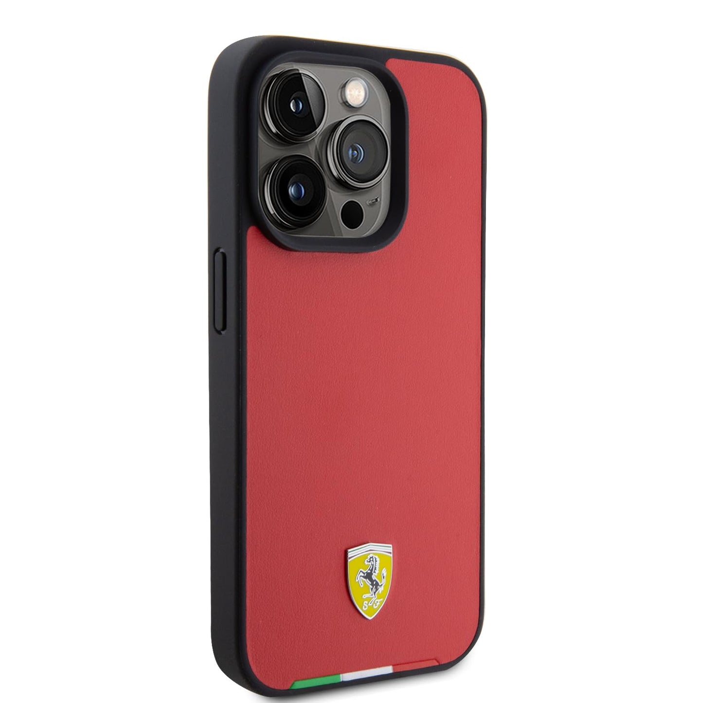 Ferrari PU Leather Case with Italy Flag Line for iPhone 15 Pro Max | كفر فيراري مع شريط علم ايطاليا لهاتف ايفون 15 برو ماكس