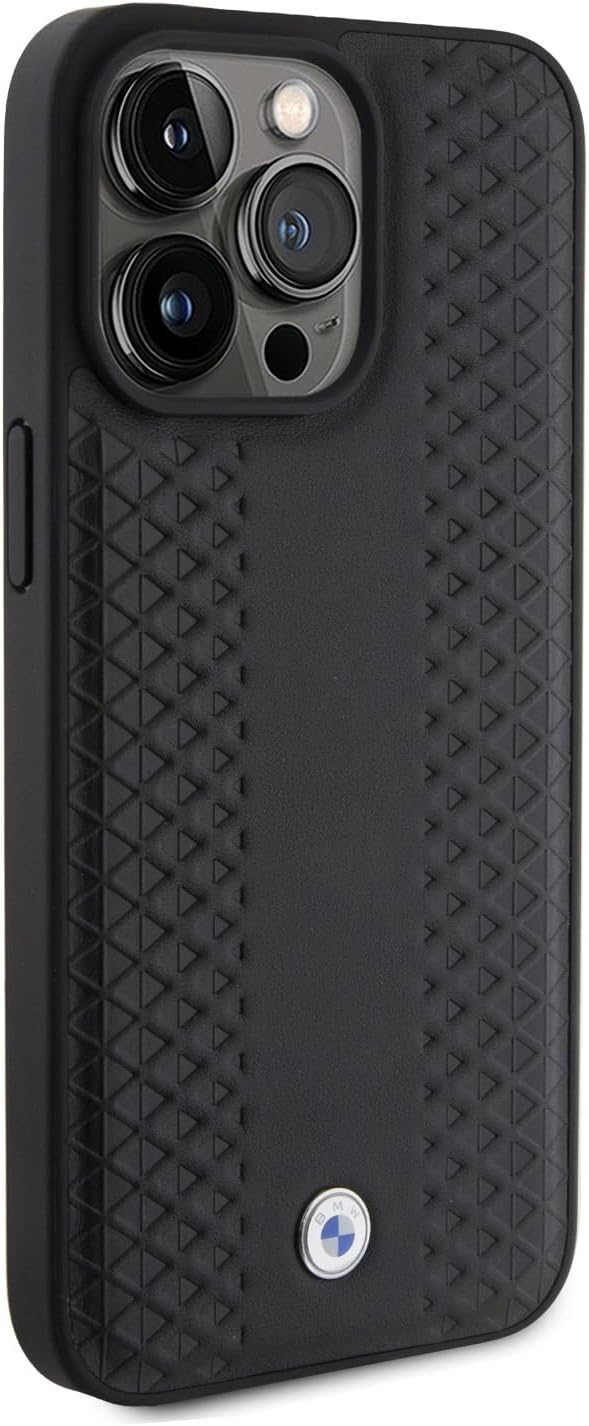 BMW Leather Case, Diamond Pattern, Shockproof Slim Fit for iPhone 15 Pro – Black | كفر جلدي بنقشة ماسية لهاتف ايفون 15 برو, تصميم نحيف مقاوم للصدمات, لون اسود