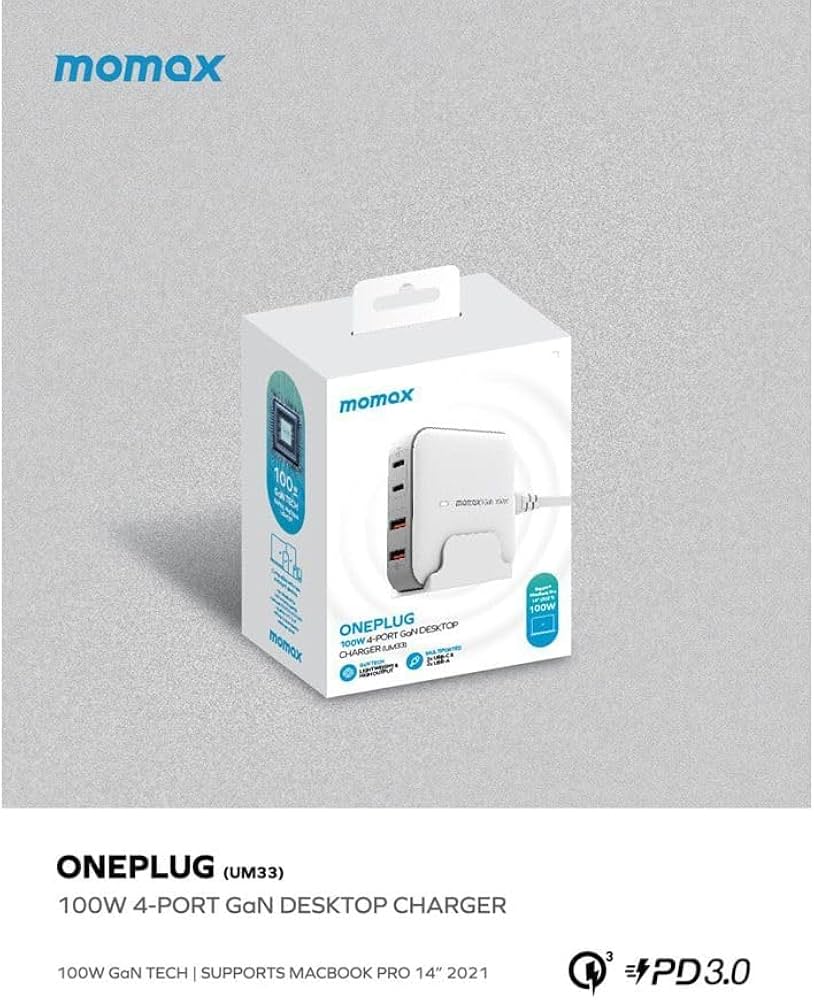 Momax ONEPLUG 100W 4-Port GaN Desktop Charger (UK Plug) - شاحن مكتبي GaN موماكس وان بلاج بقدرة 100 واط, شاحن سريع مع فيش UK