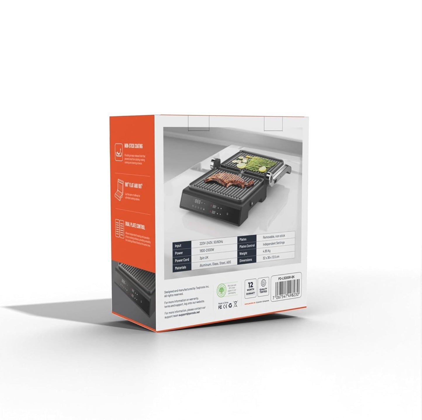 شواية بورودو لايف ستايل الرقمية بسطح زجاجي مع صفيحة قابلة للازالة بقدرة 2000 واط - اسود | Porodo LifeStyle Glasstop Digital Grill with Removable Grill Plate 2000W - Black