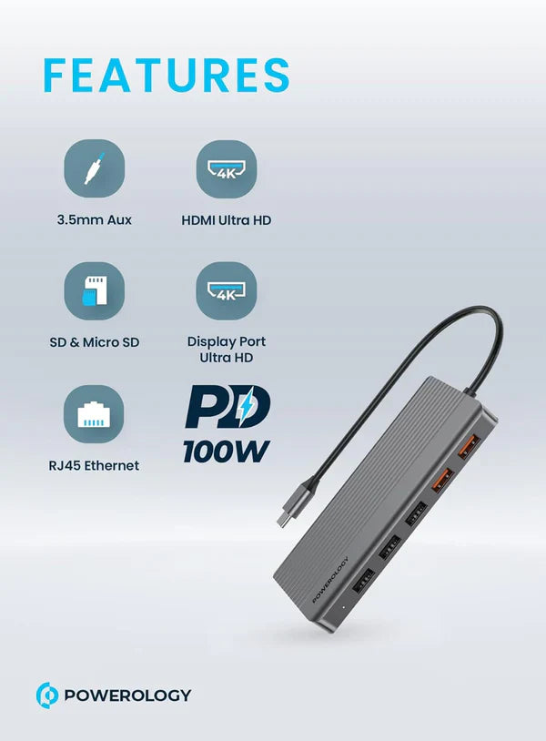 محول باورولوجي 12 في 1 بمنفذ تايب سي | Powerology 12 in 1 USB-C Hub Ultimate Performance & Connectivity