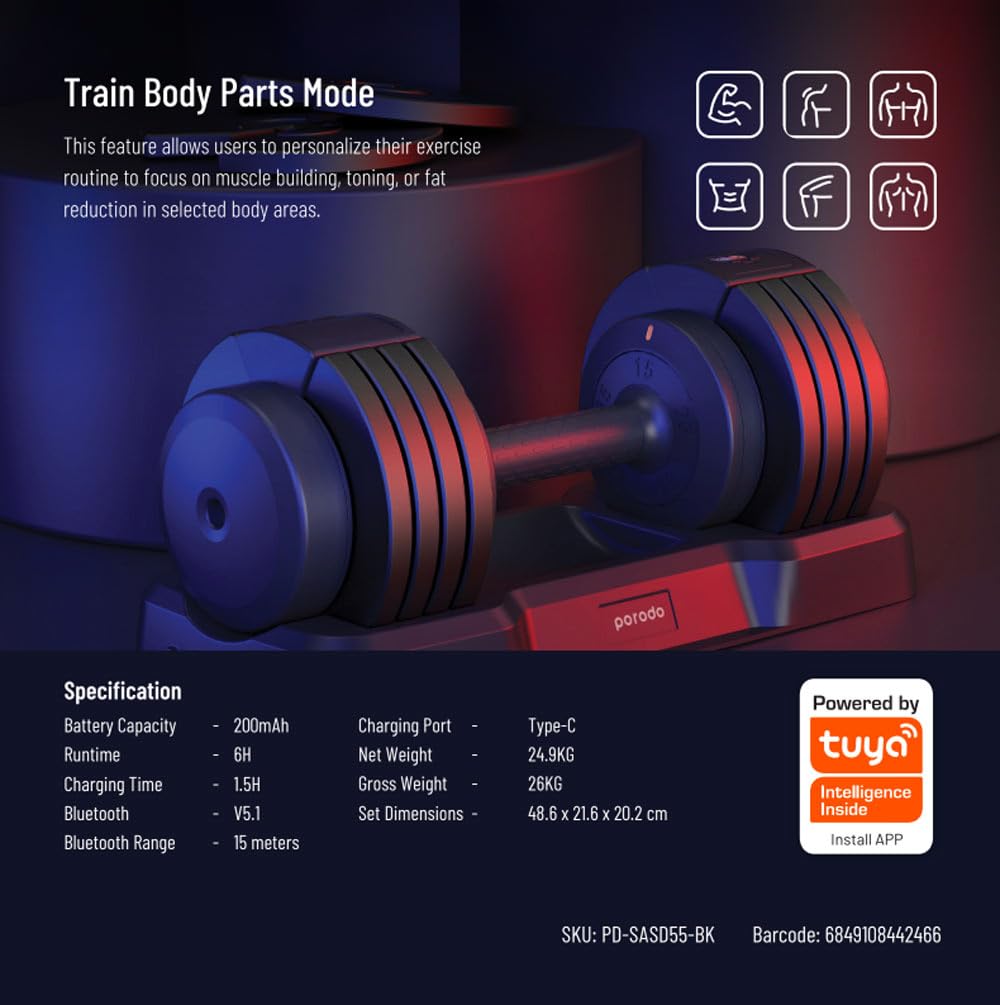 دمبل بورودو الذكي القابل للتعديل بوزن يصل حتى 55 باوند | Porodo 55 LB Single Adjustable Smart Dumbbell