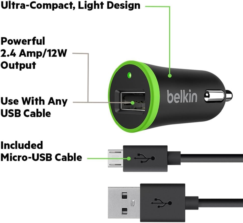 شاحن موبايل للسيارة مع كيبل مايكرو - Belkin Car Charger With Micro USB Cable 12W