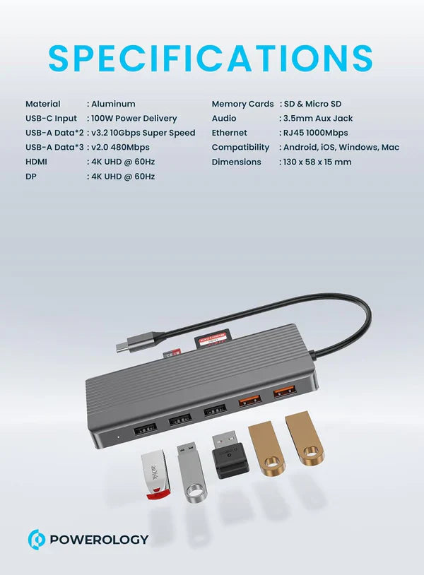 محول باورولوجي 12 في 1 بمنفذ تايب سي | Powerology 12 in 1 USB-C Hub Ultimate Performance & Connectivity