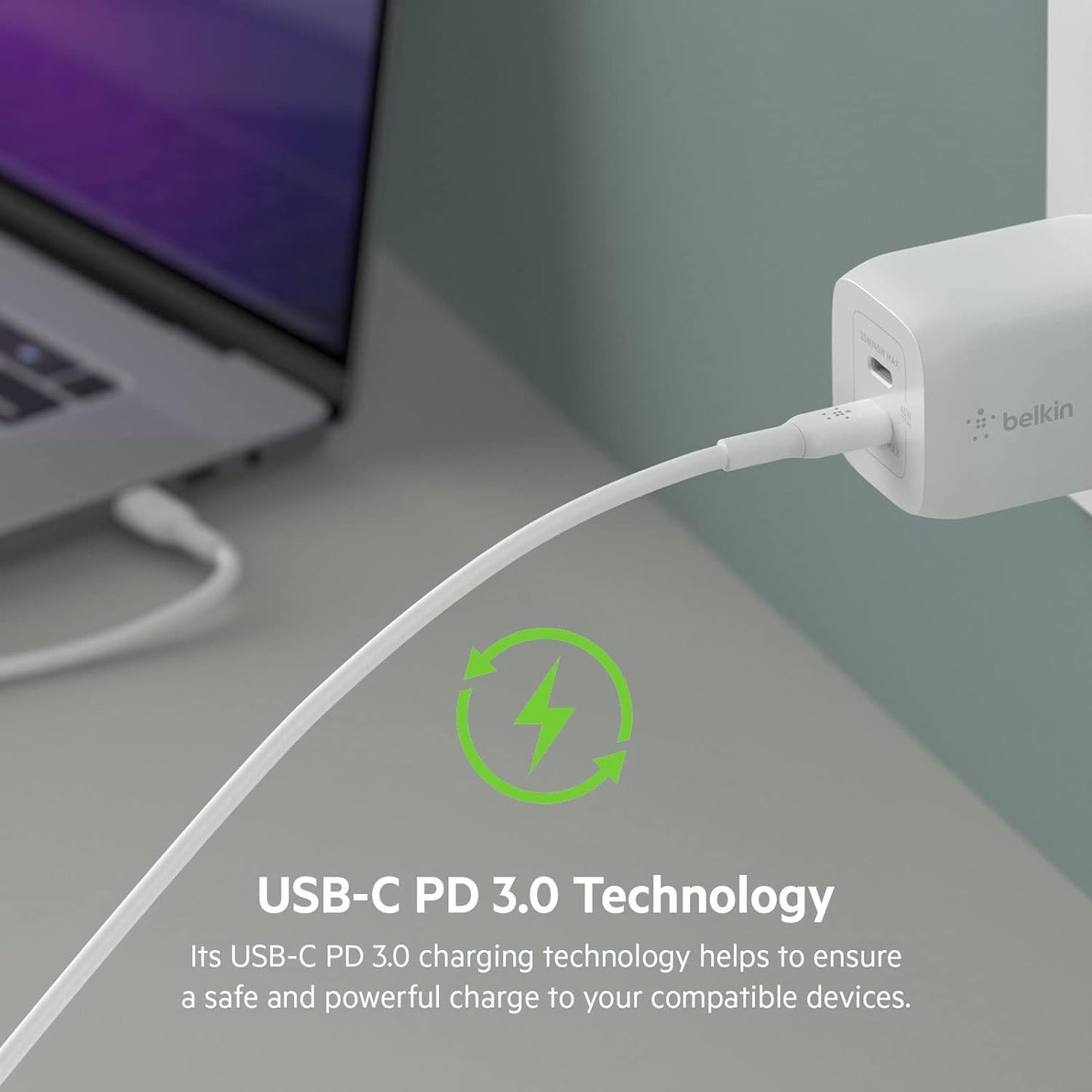 Belkin BoostCharge PRO Dual 65W USB-C PD GaN Fast Charger with PPS 2M USB-C to USB-C Cable - شاحن حائط مزدوج يو اس بي سي بقدرة 65 واط من بيلكن يتضمن كيبل يو اس بي سي توصيل طاقة سريع 3.0 بتقنية نتريد الغاليوم ومقبس يو اس بي وشاحن يو اس بي