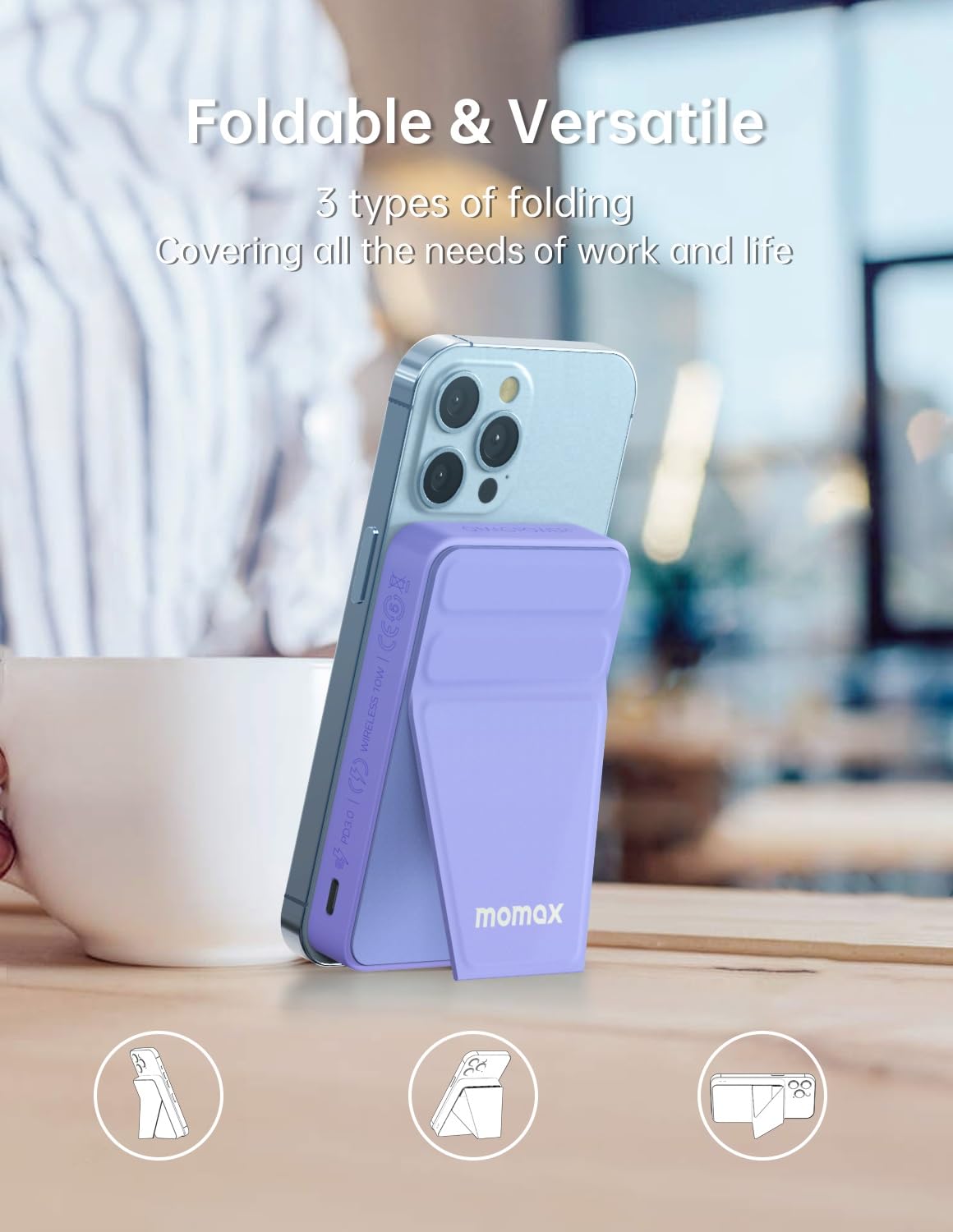 Momax Q.Mag Power 9 Magnetic Wireless Battery Pack with Stand, 5000mAh - بطارية موماكس كيو ماج بور 9 اللاسلكية المغناطيسية مع مسند, 5000 مللي امبير