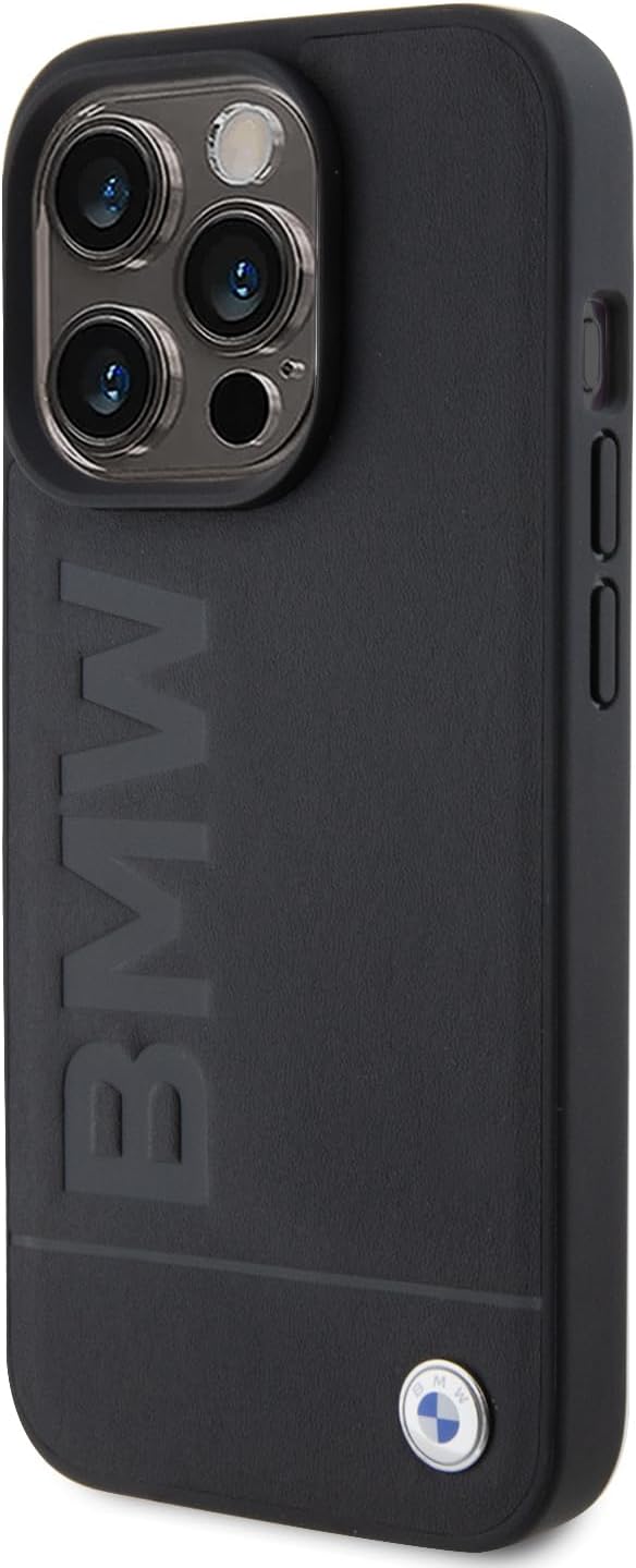 BMW Leather Case, Hot Stamp Logo, Slim Shockproof Cover for iPhone 15 Pro – Black | كفر بي ام دبليو جلدي بنقش حراري وشعار بارز لهاتف ايفون 15 برو, نحيف ومقاوم للصمات, اسود