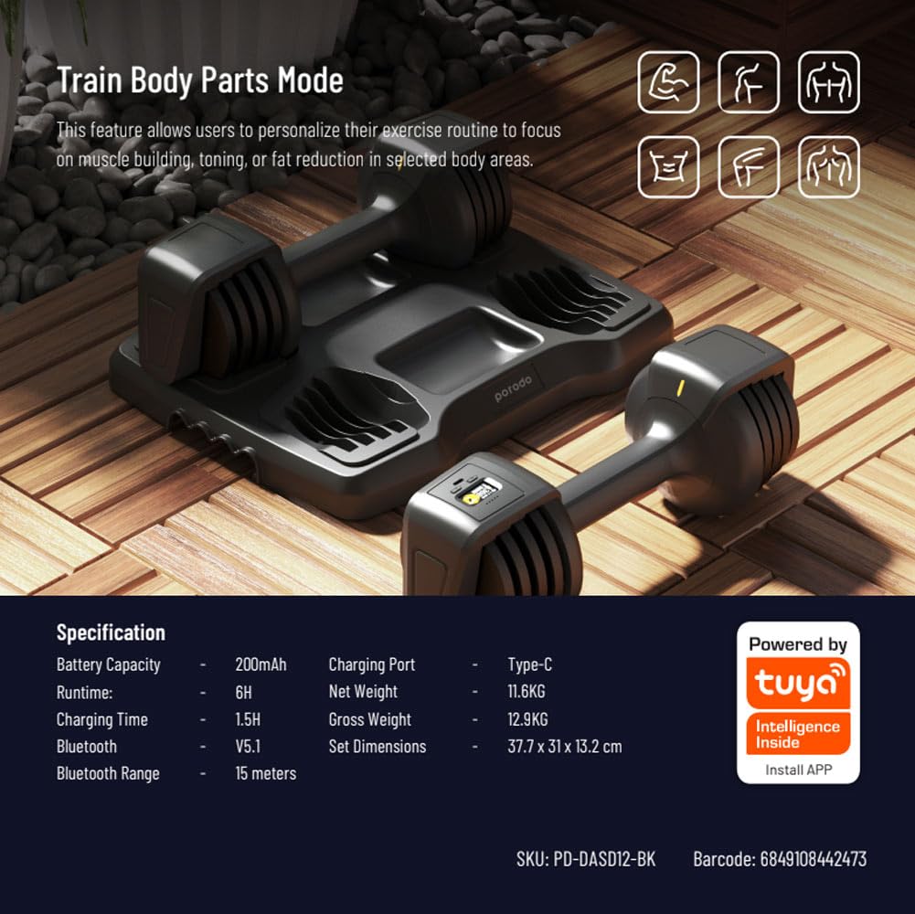 دمبل ذكي قابل للتعديل بوزن مزدوج حتى 12.5 باوند من بورودو, مع شاشة LCD وبلوتوث - اسود | Porodo 12.5 lb Double Adjustable Smart Dumbbell with LCD & Bluetooth – Black