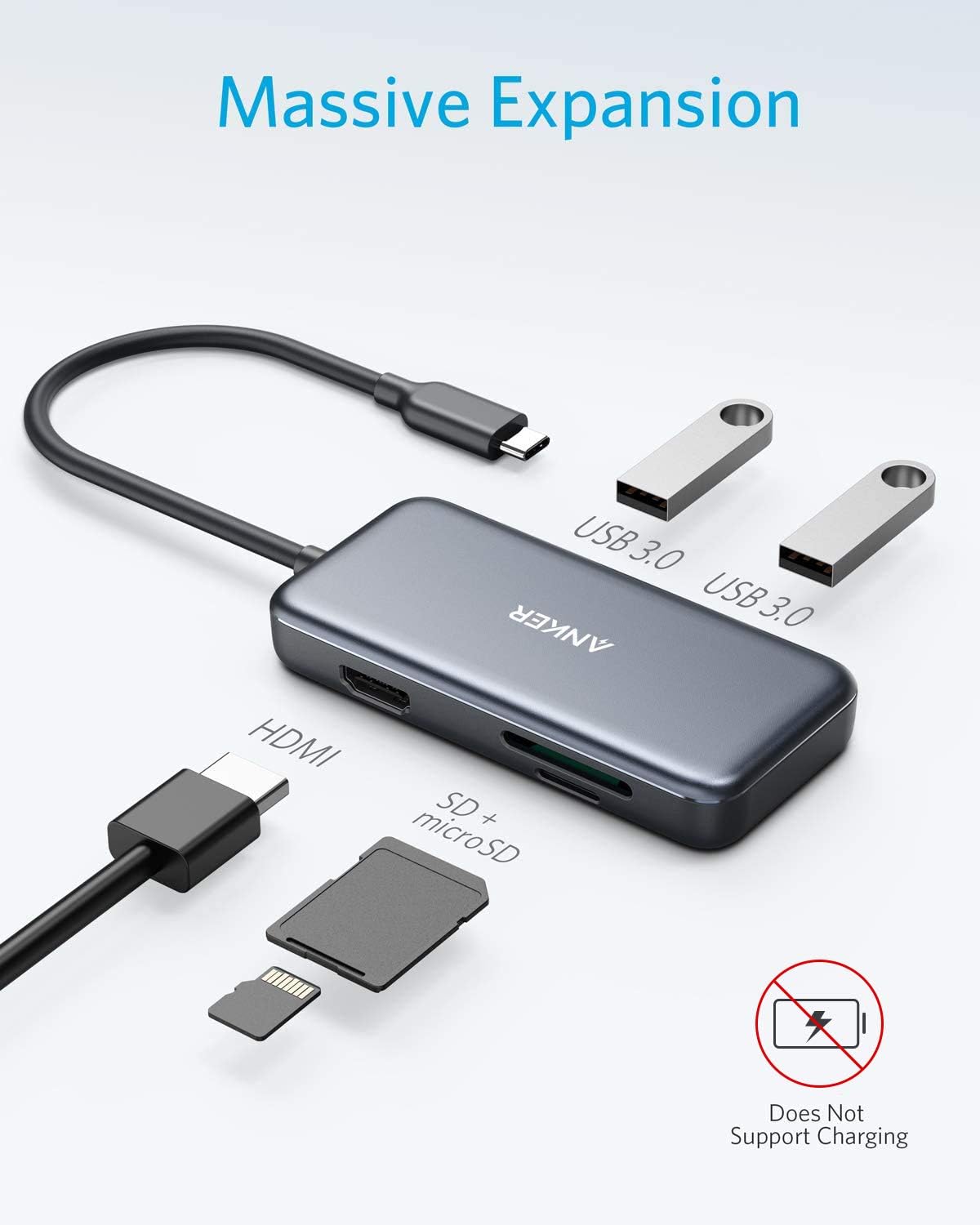 Anker USB C Hub 5 in 1 USB C Adapter with 4K USB C to HDMI SD and microSD Card Reader 2 USB 3.0 Ports - محول 5 فيه 1 من أنكر قارئ بطاقات اس دي ومايكرو اس دي