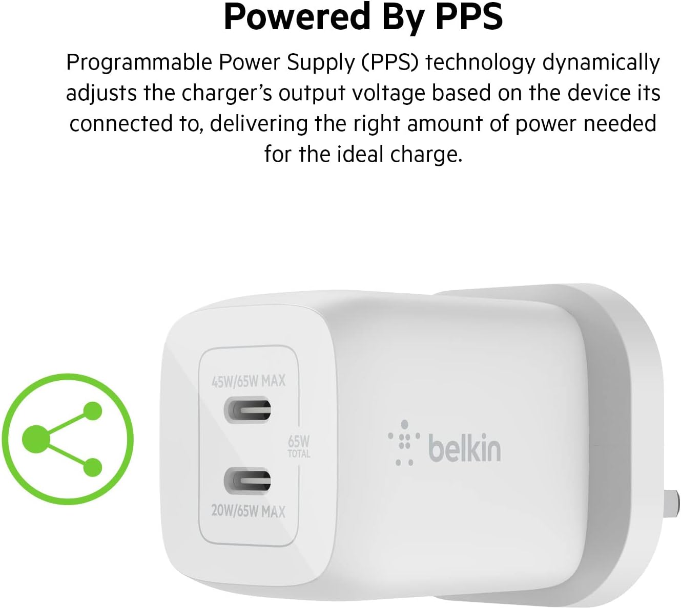 شاحن حائط بيلكين 45 واط مزدوج يو اس بي سي من التايب سي توصيل سريع للطاقة 3.0 مع تقنية بوست شارجر - ل - Belkin BoostCharge Pro Dual USB-C GaN Wall Charger with PPS 45W