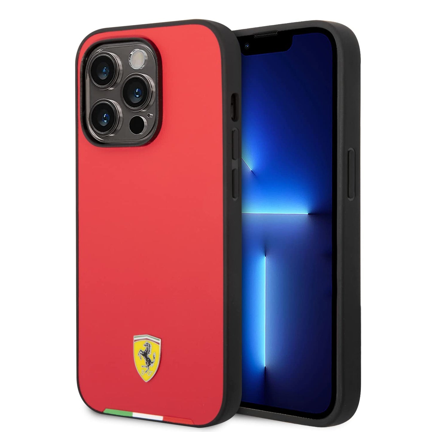 Ferrari PU Leather Case with Italy Flag Line for iPhone 15 Pro Max | كفر فيراري مع شريط علم ايطاليا لهاتف ايفون 15 برو ماكس