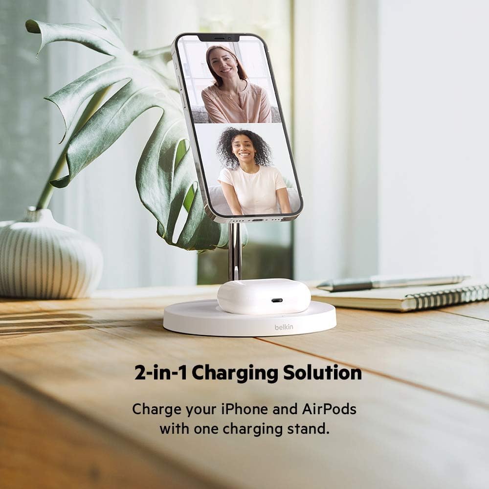 Belkin 2 in 1 Wireless Charger with MagSafe 15W Fast Charging - شاحن بيلكن اللاسلكي 2 في 1 مع ماج سيف حامل شاحن الايفون سريع الشحن بقدرة 15 وات لأجهزة