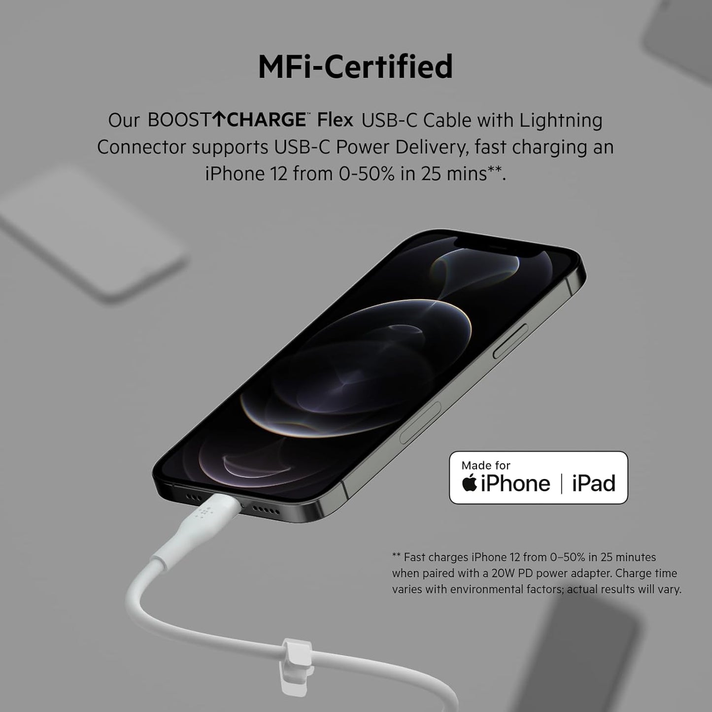 Belkin BoostCharge Flex USB-C Silicone Cable with Lightning Connector 1M - كيبل سيلكون يو اس بي سي الى لايتننع بتقنية البوست شارج وطول 1 متر