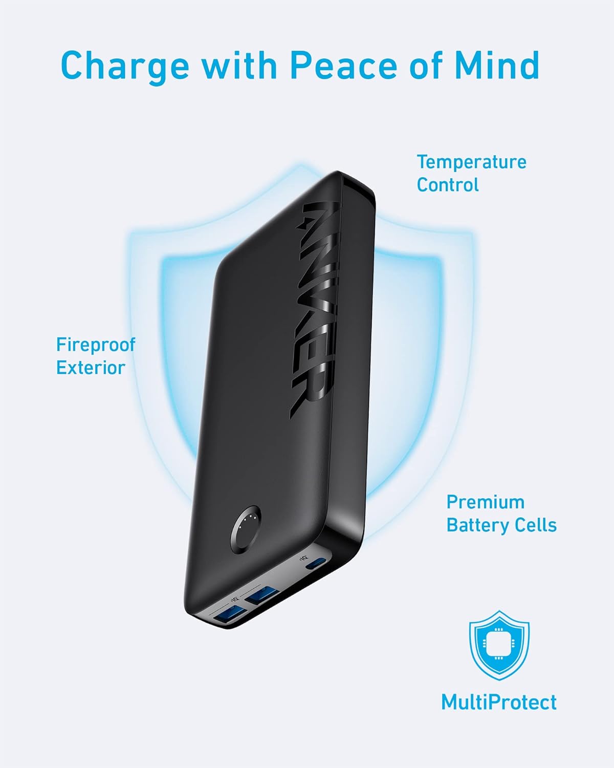 Anker Power Bank 20,000mAh Portable Charger with USB-C Fast Charging - باور بانك بسعة 20ألف ميلي أمبير مع كيبل يو اس بي سي سريع الشحن