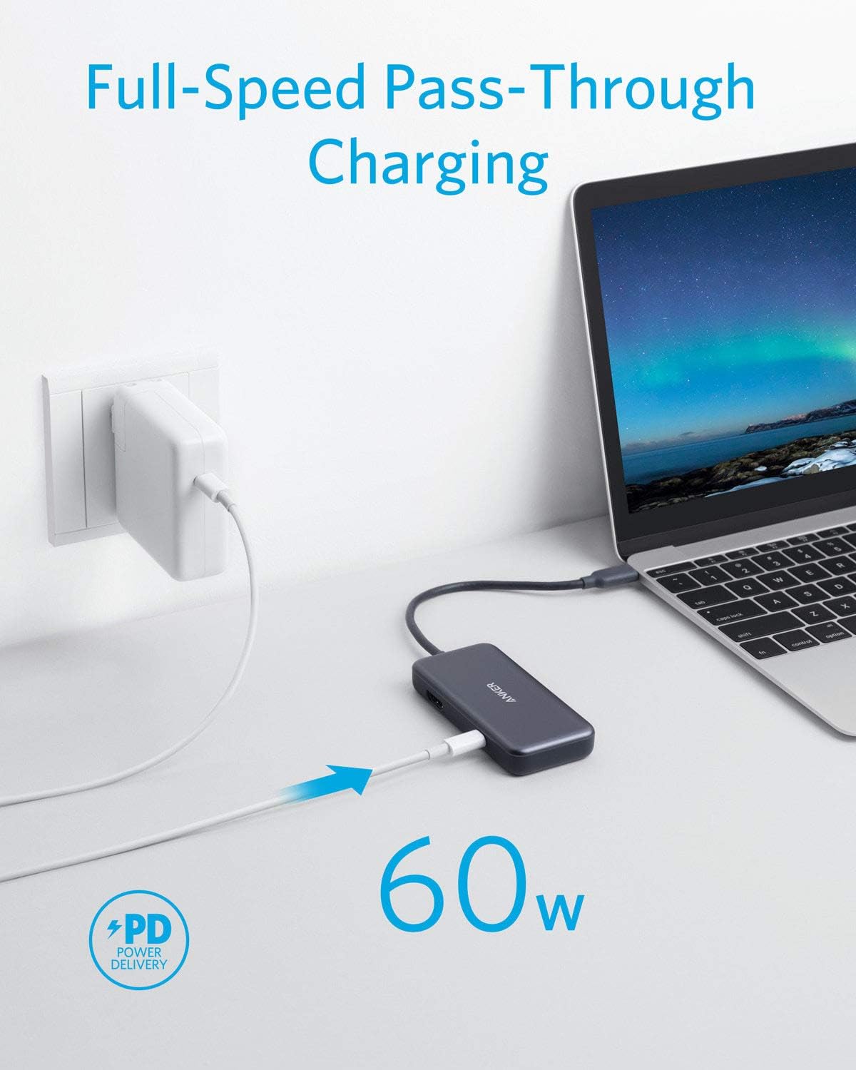 Anker 3in1 Type C Hub 4K USB C to HDMI Adapter USB 3.0 with 60W Power Delivery - أنكر 3 في 1 تايب سي هوب محول تايب سي إلى اتش دي ام اي بدقة 4ك منفذ يو اس بي 3.0 مع توصيل طاقة بقدرة 60 واط