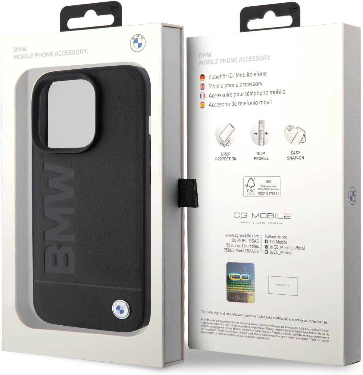 BMW Leather Case, Hot Stamp Logo, Slim Shockproof Cover for iPhone 15 Pro – Black | كفر بي ام دبليو جلدي بنقش حراري وشعار بارز لهاتف ايفون 15 برو, نحيف ومقاوم للصمات, اسود