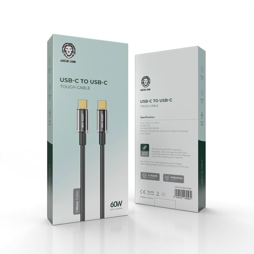 كيبل جرين لايون يو اس بي سي الى يو اس بي سي بقدرة 60 واط وطول 1 متر | Green Lion USB-C to USB-C Touch Cable 1M 60W