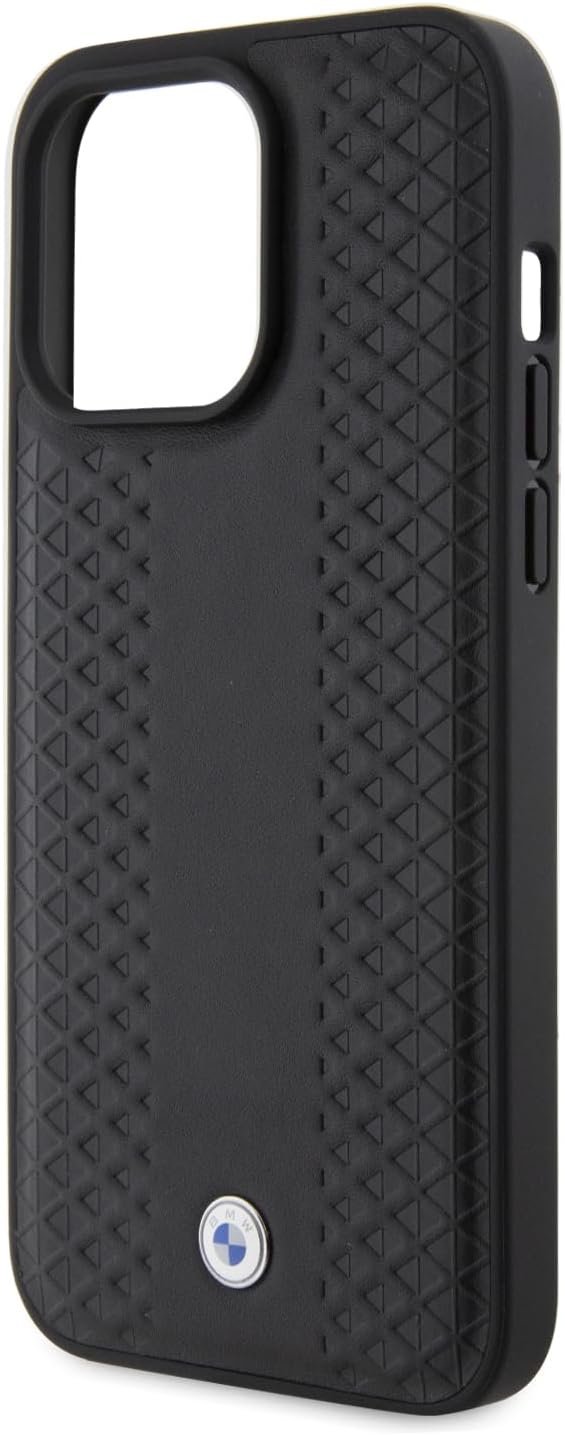 BMW Leather Case, Diamond Pattern, Shockproof Slim Fit for iPhone 15 Pro – Black | كفر جلدي بنقشة ماسية لهاتف ايفون 15 برو, تصميم نحيف مقاوم للصدمات, لون اسود