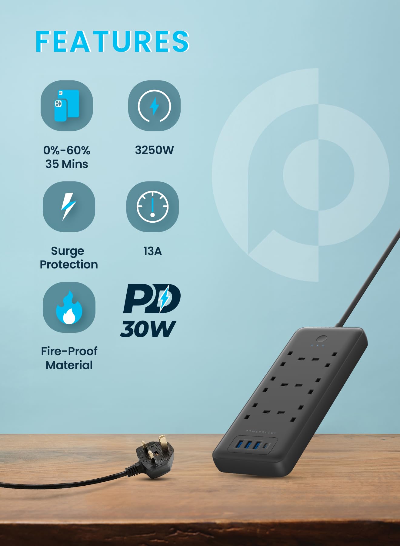 وصلة كهربائية باورولوجي 6 منافذ AC مع منفذ يو اس بي سي و 3 منافذ يو اس بي اي, شحن سريع بقدرة 48 واط - اسود | Powerology 48W 6AC 1x PD USB-C and 3x QC USB-A Power Strip UK PD 30W - Black.