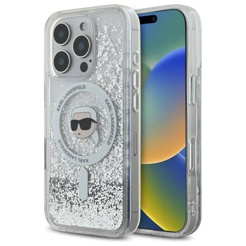 Karl Lagerfeld MagSafe Liquid Glitter Hard Case with Karl Head for iPhone 16 Pro Max | كفر كارل لاغرفيلد شفاف بلمعة سائلة ودعم ماج سيف لهاتف ايفون 16 برو ماكس