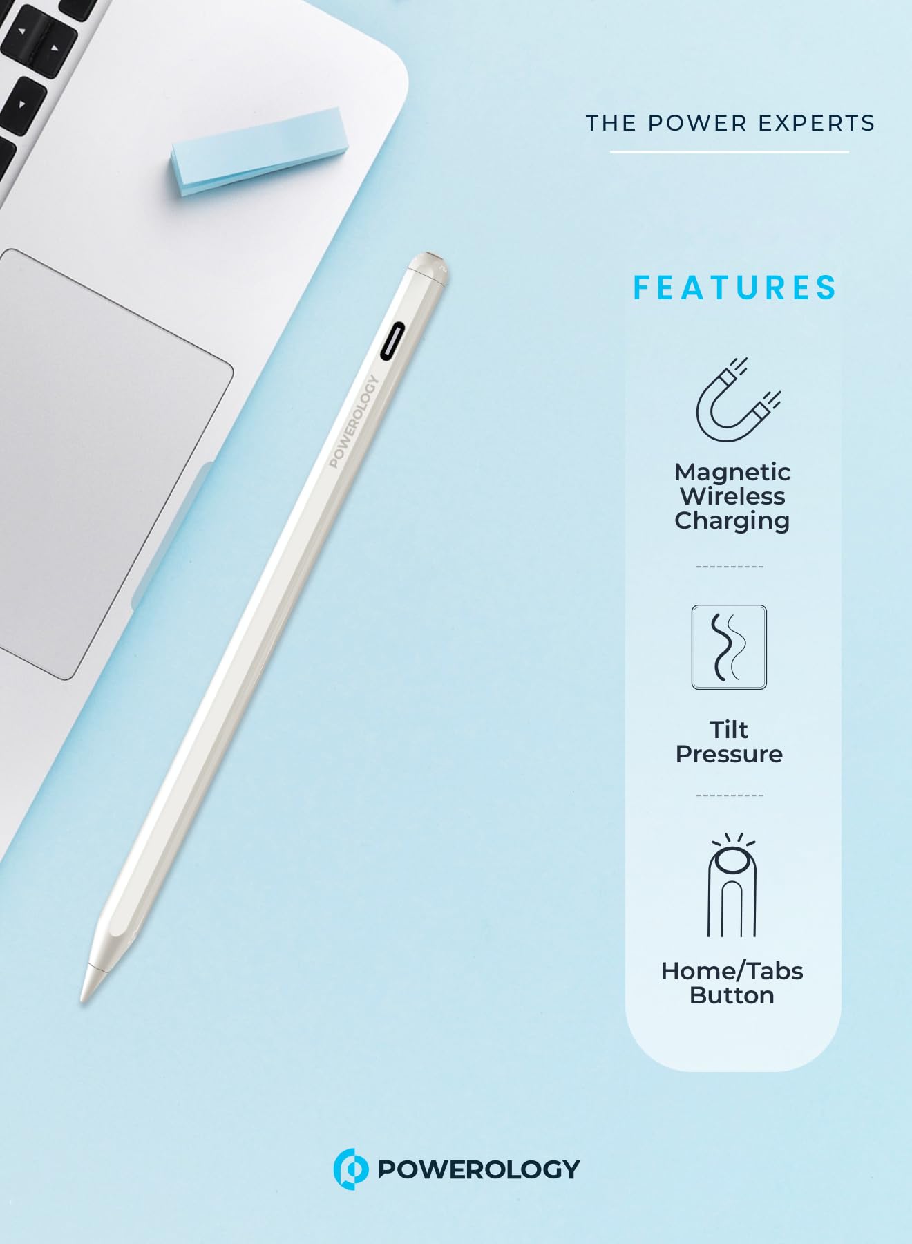 .قلم باورولوجي الذكي للايباد بطرف 1.5 ملم, متوافق مع ايباد | Powerology 1.5mm Tip Smart Apple iPad Pencil – Compatible with iPad.
