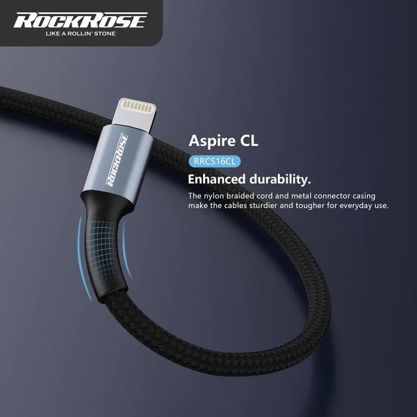 Rockrose Braided USB-C to Lightning Cable 20W White 1m - روك روز كيبل يو اس بي سي إلى لايتننغ بقوة 20 وات بطول 1 متر