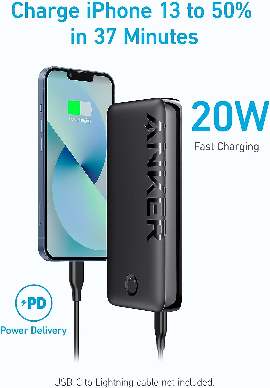 Anker Power Bank 20,000mAh Portable Charger with USB-C Fast Charging - باور بانك بسعة 20ألف ميلي أمبير مع كيبل يو اس بي سي سريع الشحن