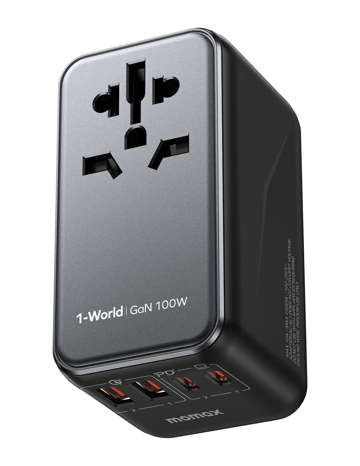 Momax 1-World 100W GaN Charger | 4-Port Universal Fast Charger with AC Travel Adapter - شاحن GaN موماكس 1-World بقدرة 100 واط, شاحن عالمي ب4 منافذ ومحول طاقة للسفر AC