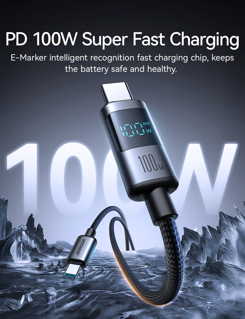 كيبل جويرووم بريزم سيريس تايب سي الى تايب سي بقدرة شحن سريع 100 واط وطول 1.2 متر مع شاشة عرض رقمية | JOYROOM Prism Series Type-C to Type-C Digital Display Fast Charging Data Cable 100W 1.2m