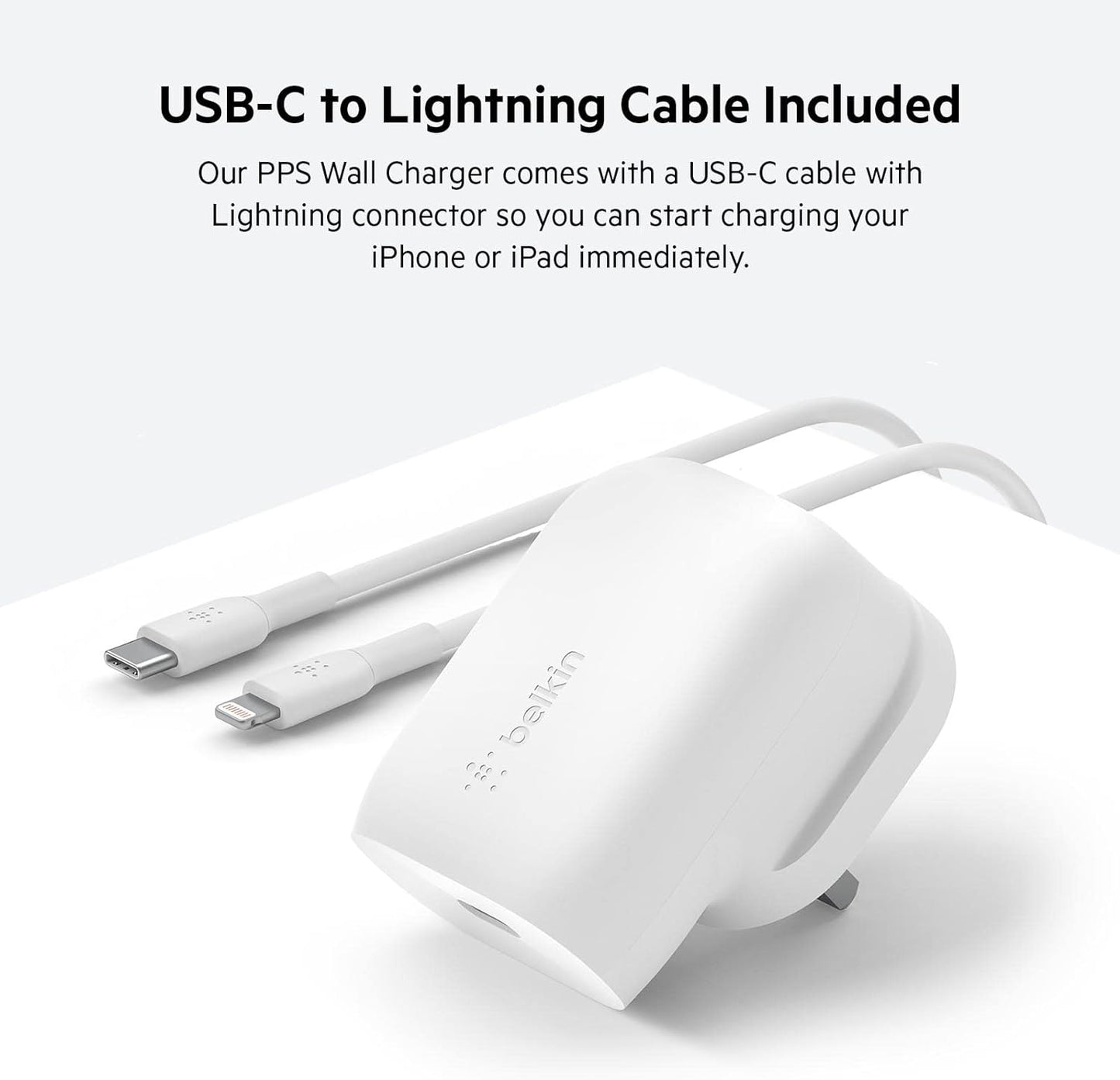 Belkin 30W USB C Wall Charger with USB-C to Lightning Cable PPS PowerDelivery - شاحن حائط تايب سي بقدرة 30 واط من بيلكن مع كابل تايب سي إلى لايتننج
