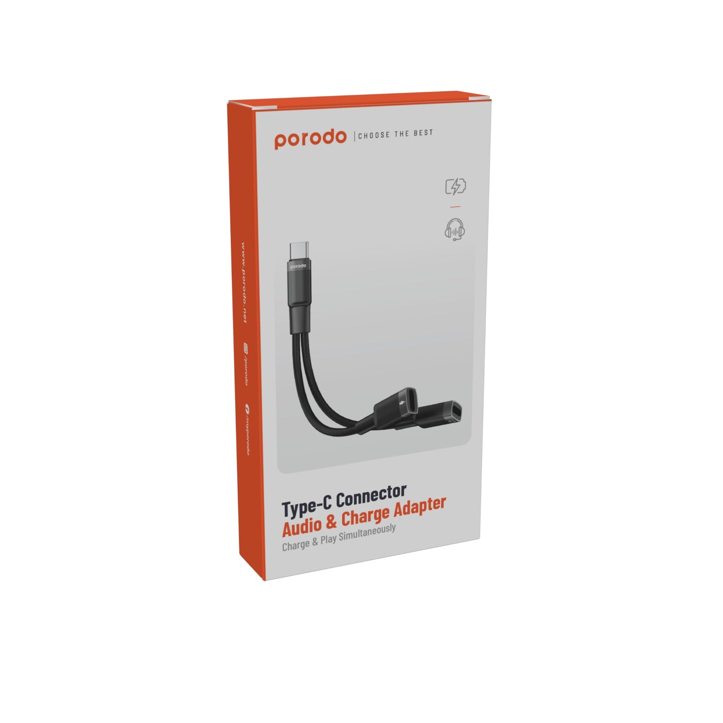 محول بورودو 2 في 1 تايب سي الى عدد 2 تايب سي للشحن وتشغيل السماعات - اسود | Porodo 2in1 Type-C to Dual Type-C Jack Headphone & Charging Converter Adapter – Black