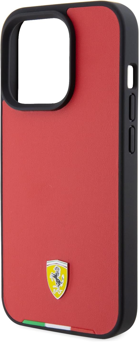 Ferrari PU Leather Case with Italy Flag Line for iPhone 15 Pro Max | كفر فيراري مع شريط علم ايطاليا لهاتف ايفون 15 برو ماكس