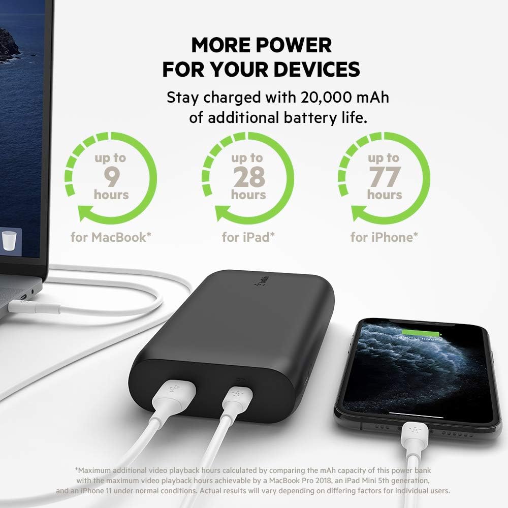بيلكن باور بانك بوست تشارج يو اس بي سي 20 كيلو مللي امبير في الساعة - Belkin BoostCharge USB-C PD 20k mAh Power Bank