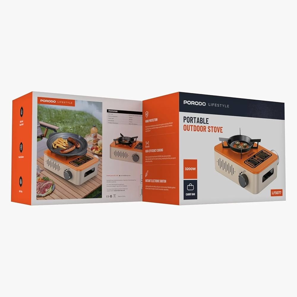 طباخ غازي محمول بقدرة 3200 واط من بورودو لايف ستايل - برتقالي/بيجي | Porodo Lifestyle 3200W Portable Burner Gas Stove - Orange/Beige